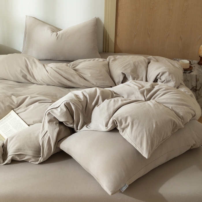 91家纺网 家纺一手货源 找家纺 梦可莱家居 2025春夏新品全棉针织棉纯色系列 米灰