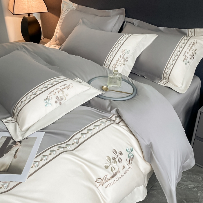 91家纺网 家纺一手货源 找家纺 桃园 2025新款全棉长绒棉刺绣绣花四件套-西西里系列 绅士灰