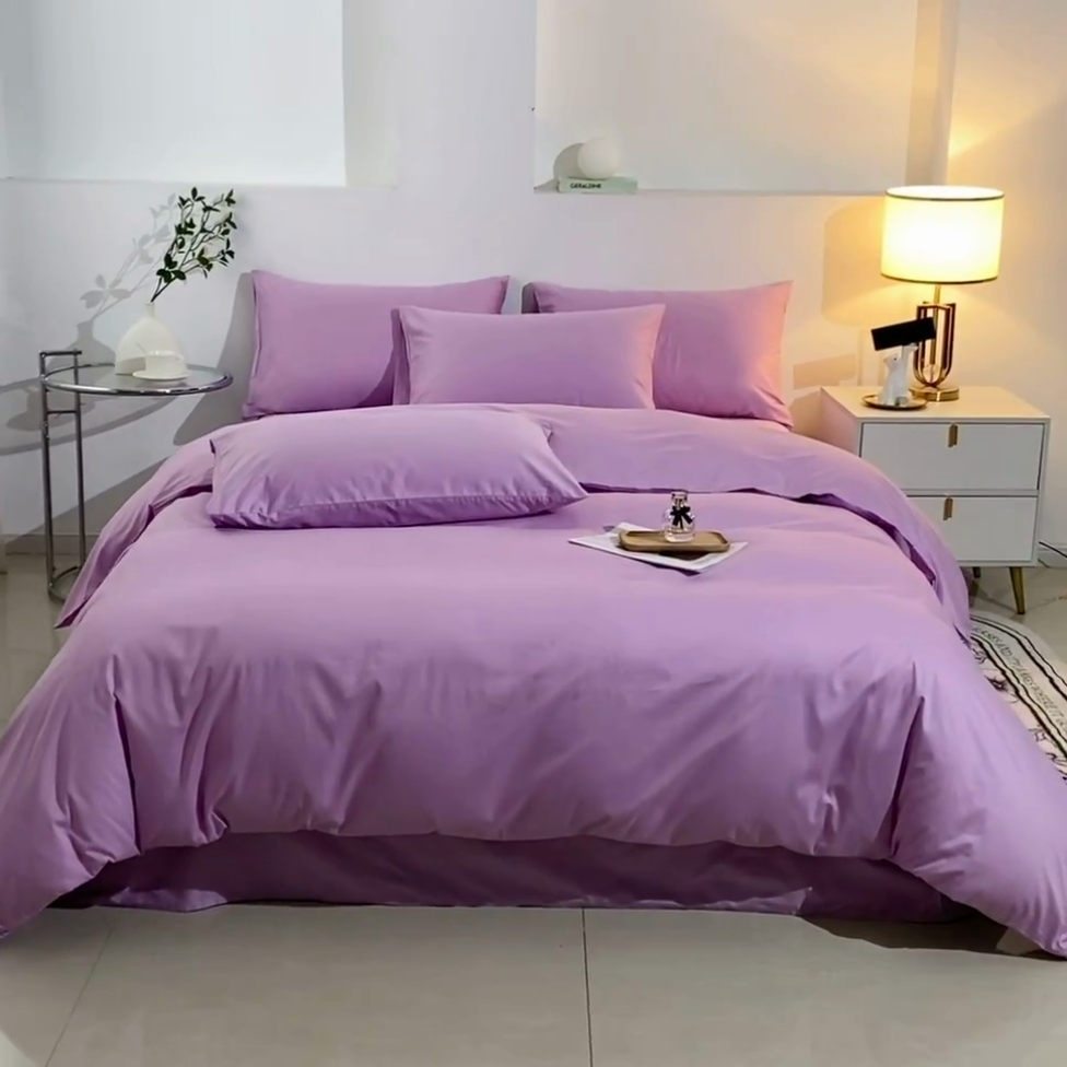 91家纺网 家纺一手货源 找家纺 晶缦家纺 2025新款喷气全棉13376纯棉斜纹纯色多规格四件套-沐兰 沐兰-浅紫