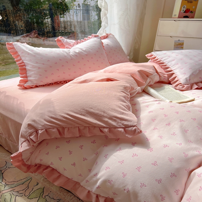 91家纺网 家纺一手货源 找家纺 欧尚 2025新款针织棉双层纱四件套 洁美粉