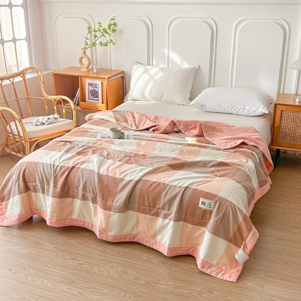 91家纺网 家纺一手货源 找家纺 佰丝居 2025新款A类水洗棉夏被100%新疆棉花被空调被夏凉被 粉大格