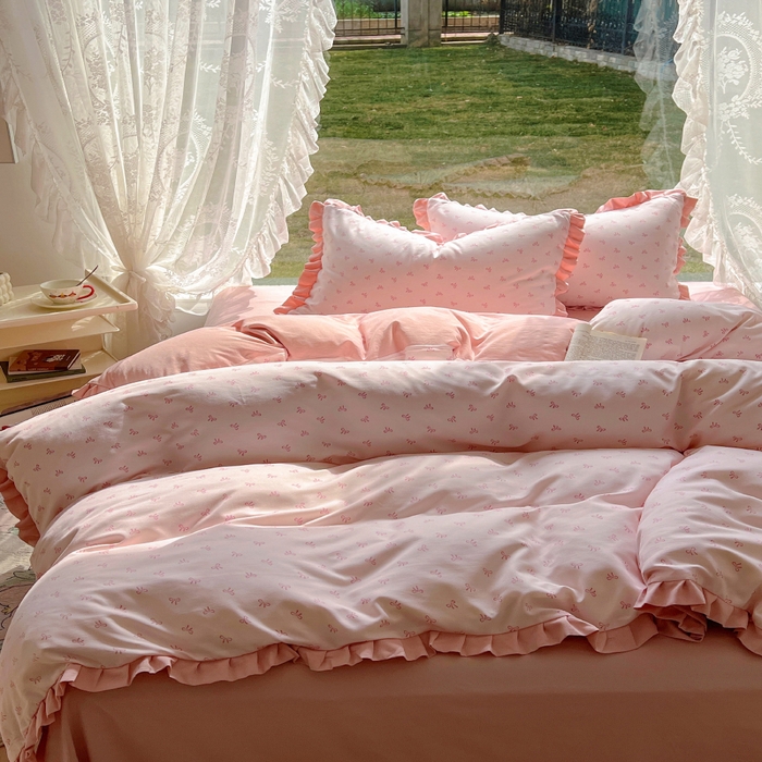 91家纺网 家纺一手货源 找家纺 欧尚 2025新款针织棉双层纱四件套 洁美粉