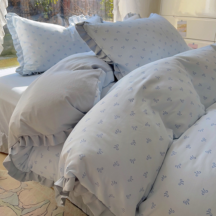 91家纺网 家纺一手货源 找家纺 欧尚 2025新款针织棉双层纱四件套 洁美蓝