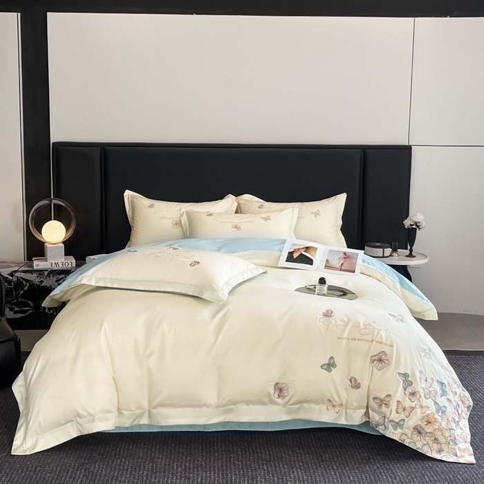 91家纺网 家纺一手货源 找家纺 欧乐蒂 2025新款A类亲肤棉刺绣四件套-蝶舞 蝶舞-白兰