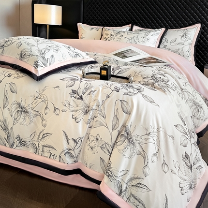 91家纺网 家纺一手货源 找家纺 首尔家纺 2025新款数码冰丝宽边系列四件套 冰丝-石榴花粉