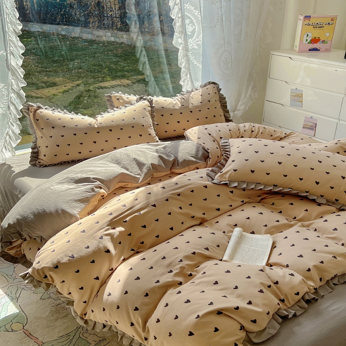 91家纺网 家纺一手货源 找家纺 欧尚 2025新款针织棉双层纱四件套 灰爱心