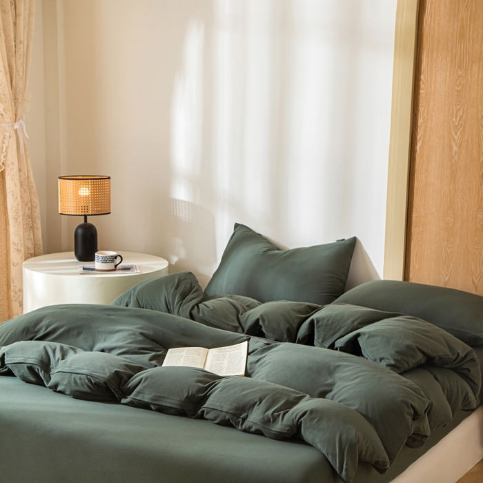 91家纺网 家纺一手货源 找家纺 梦可莱家居 2025春夏新品全棉针织棉纯色系列 青苔绿