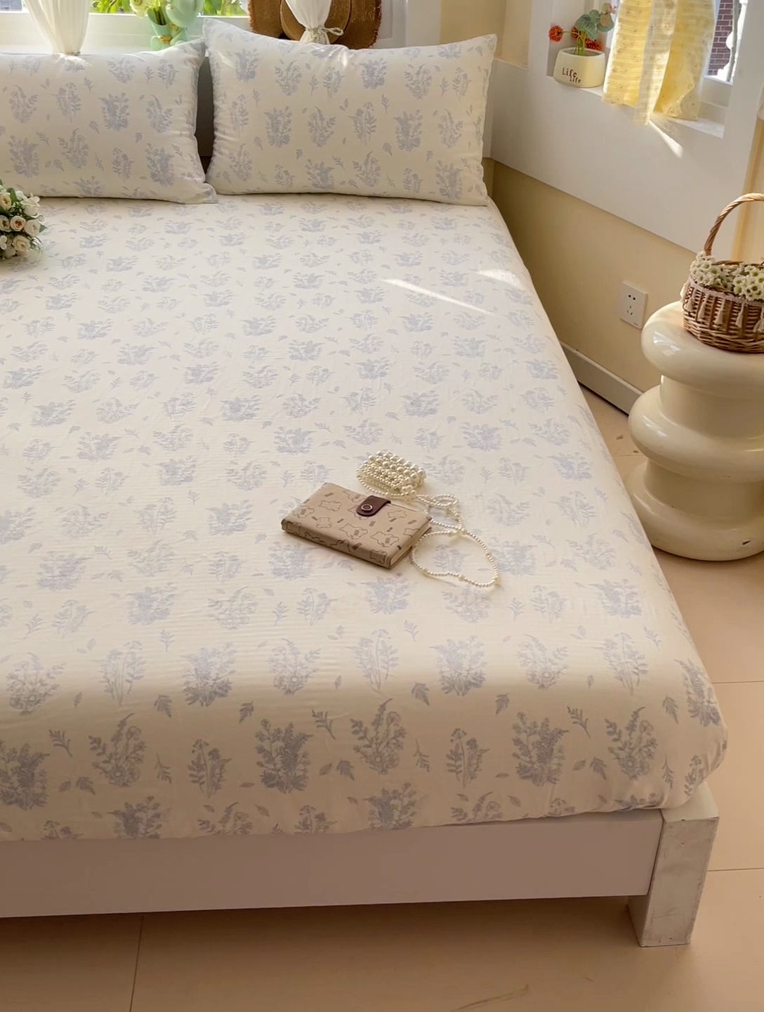 91家纺网 家纺一手货源 找家纺 名兮家居 2025新款全棉双层纱床笠 双层纱-仙草蓝