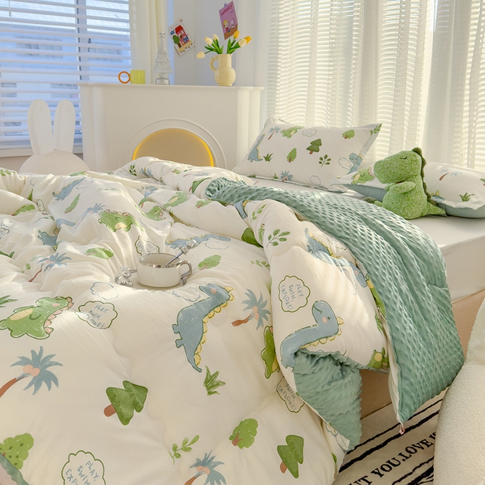 91家纺网 家纺一手货源 找家纺 佰丝居 2025新款A类水洗棉双层纱豆豆被100%新疆棉花被夏被 恐龙星球