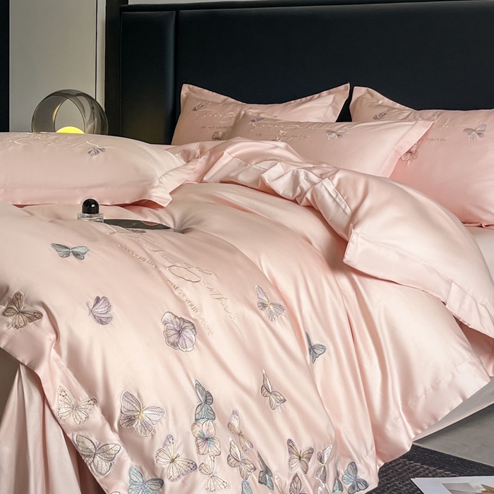 91家纺网 家纺一手货源 找家纺 欧乐蒂 2025新款A类亲肤棉刺绣四件套-蝶舞 蝶舞-颜粉