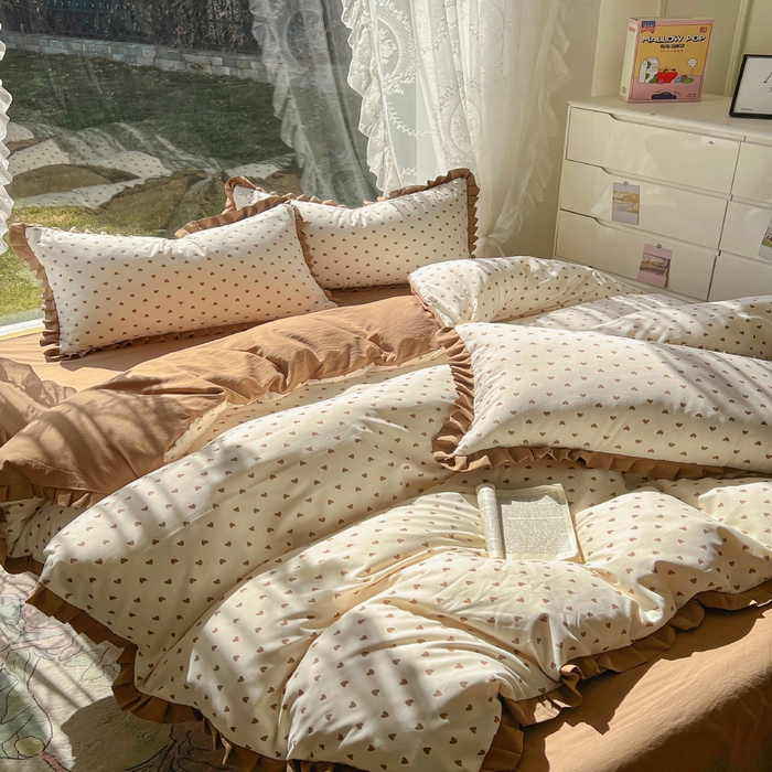 91家纺网 家纺一手货源 找家纺 欧尚 2025新款针织棉双层纱四件套 咖爱心