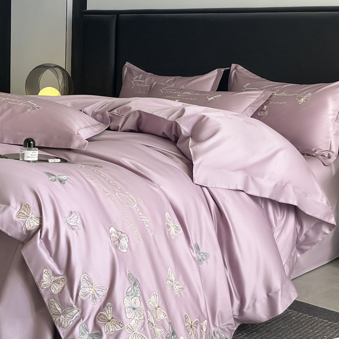 91家纺网 家纺一手货源 找家纺 欧乐蒂 2025新款A类亲肤棉刺绣四件套-蝶舞 蝶舞-黛紫