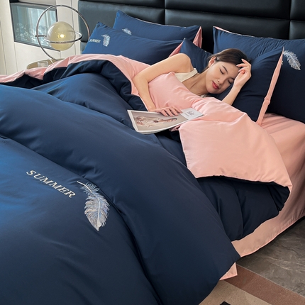 91家纺网 家纺一手货源 找家纺 （总）火麒麟 2025新款亲肤水洗棉轻奢刺绣四件套-彩羽系列