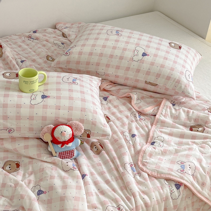 91家纺网 家纺一手货源 找家纺 桃子家居  2025新款A类高品质牛奶针织棉软糯大豆夏被 针织棉-粉格派对