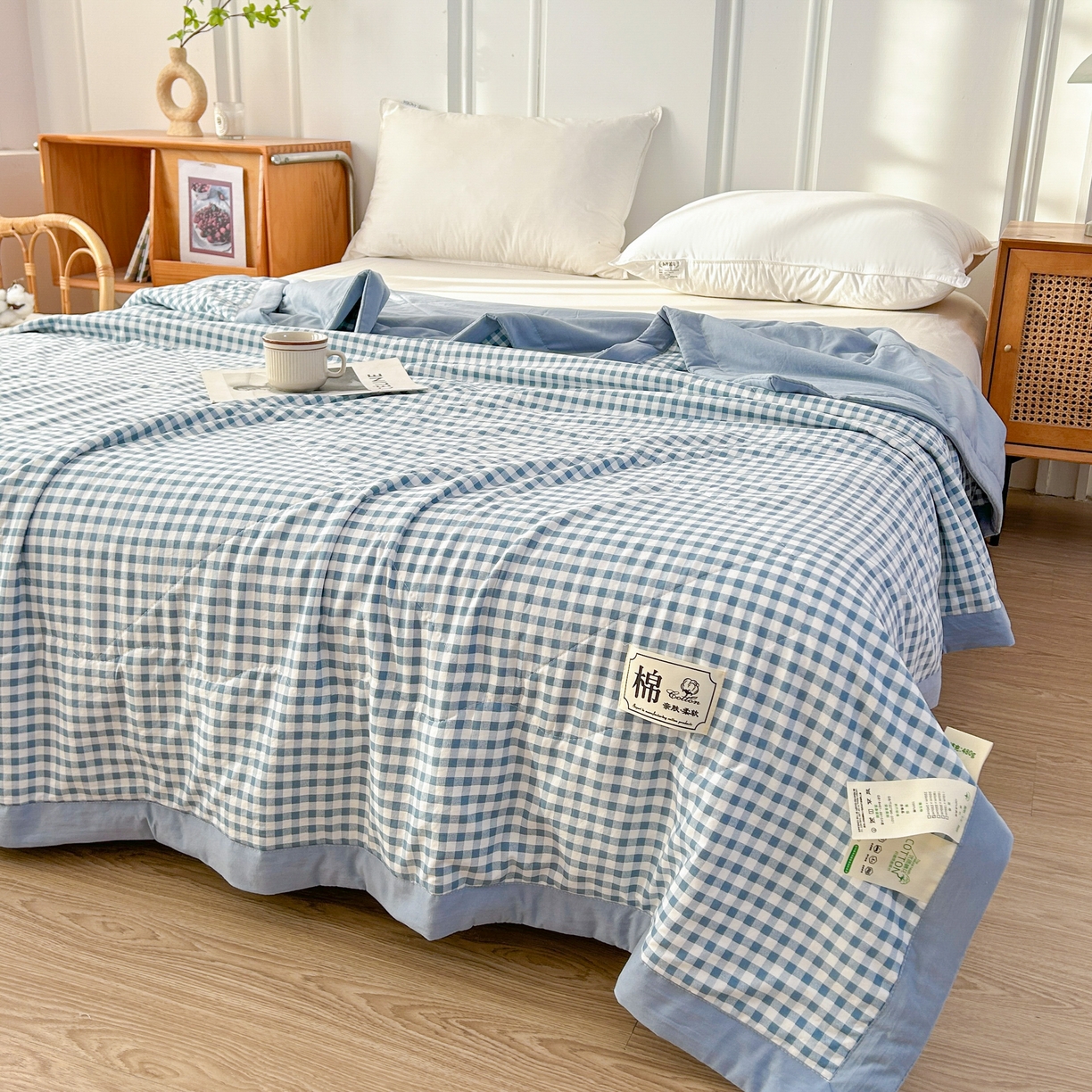 91家纺网 家纺一手货源 找家纺 佰丝居 2025新款A类水洗棉夏被100%新疆棉花被空调被夏凉被 蓝小格