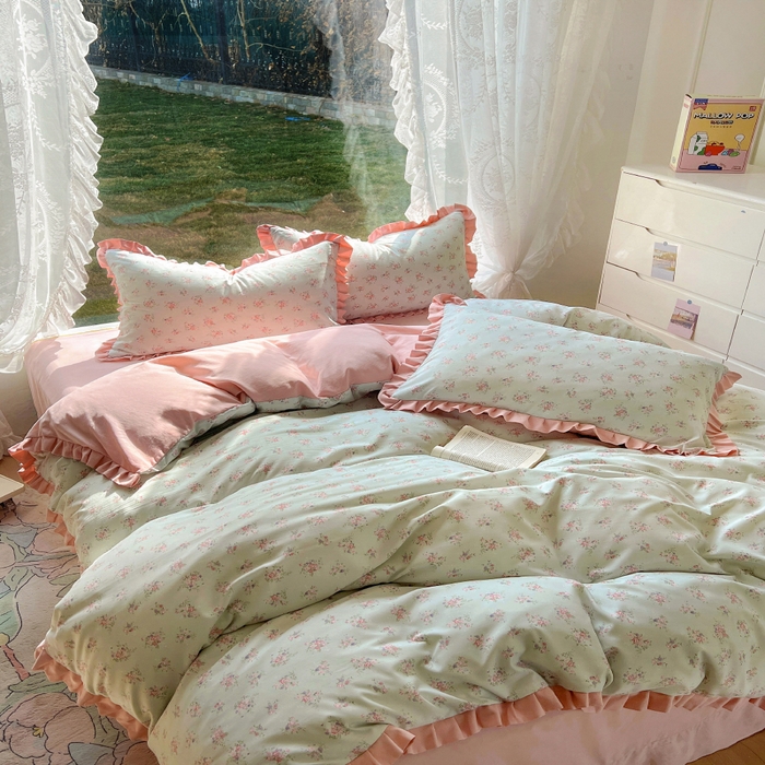 91家纺网 家纺一手货源 找家纺 欧尚 2025新款针织棉双层纱四件套 浪漫花开