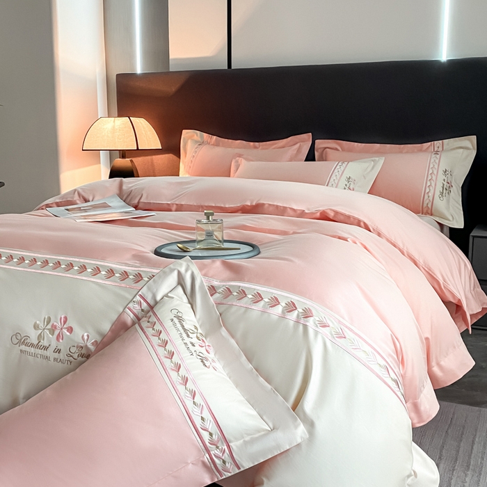 91家纺网 家纺一手货源 找家纺 桃园 2025新款全棉长绒棉刺绣绣花四件套-西西里系列 轻奢粉