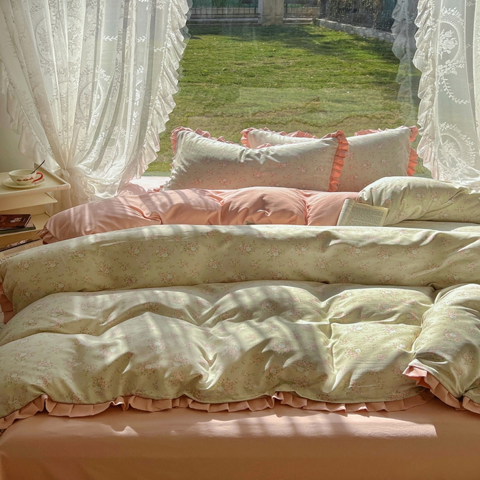 91家纺网 家纺一手货源 找家纺 欧尚 2025新款针织棉双层纱四件套 花开洁语