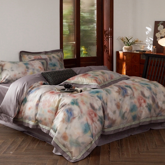 91家纺网 家纺一手货源 找家纺 由丽家纺 2025新款数码印花四件套 花芳霞-绿