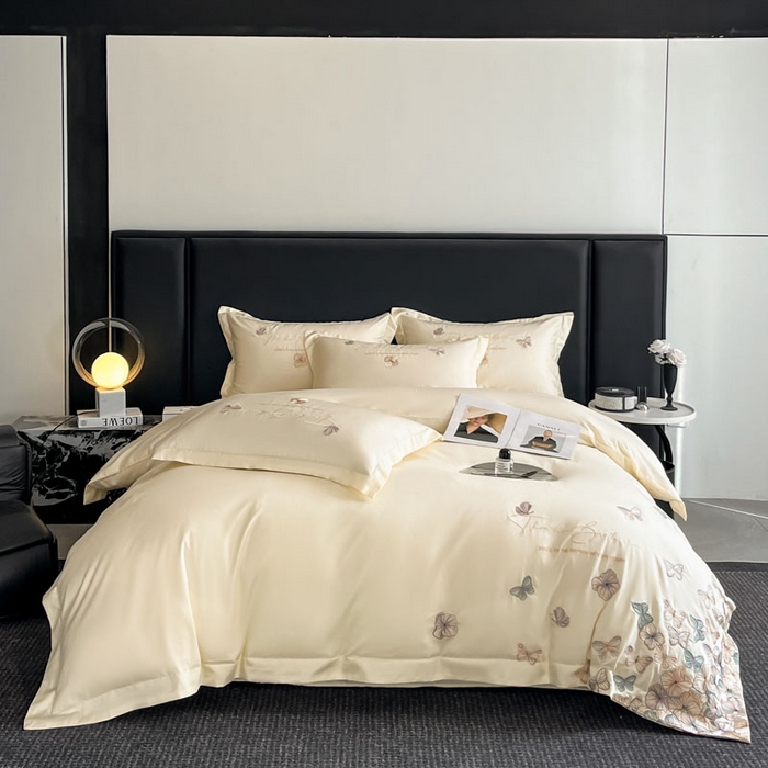 91家纺网 家纺一手货源 找家纺 欧乐蒂 2025新款A类亲肤棉刺绣四件套-蝶舞 蝶舞-柔白