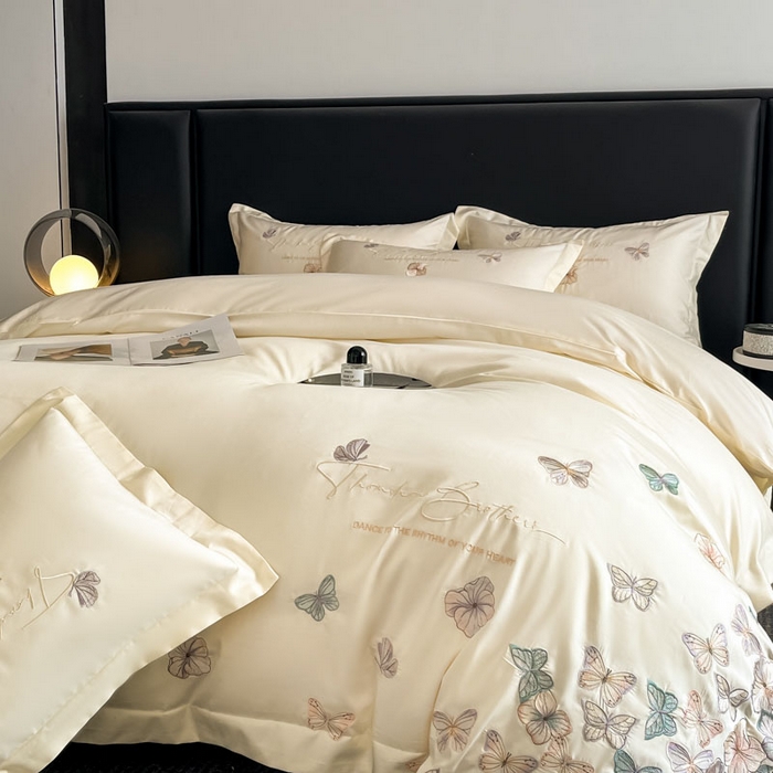 91家纺网 家纺一手货源 找家纺 欧乐蒂 2025新款A类亲肤棉刺绣四件套-蝶舞 蝶舞-柔白