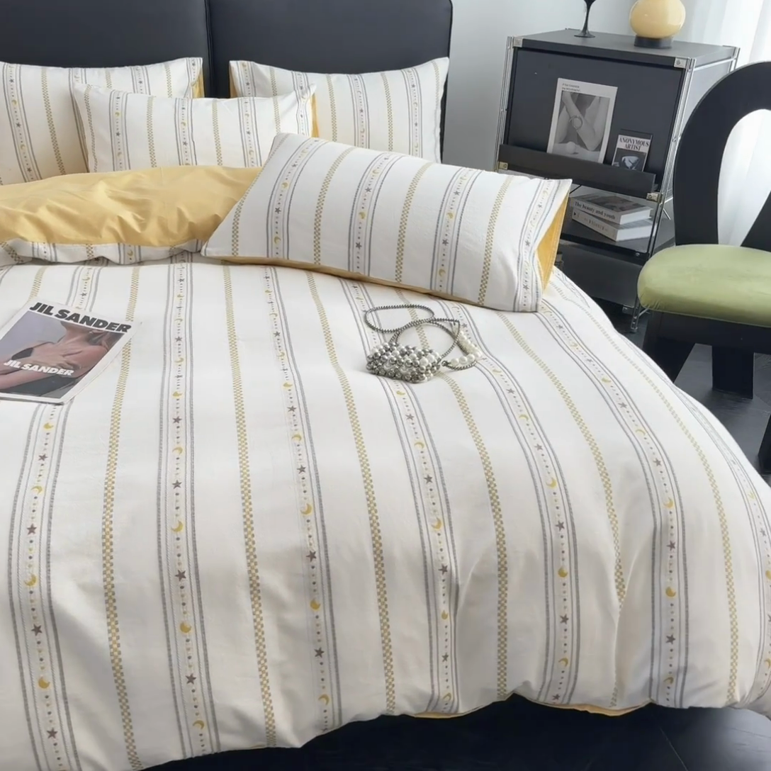 91家纺网 家纺一手货源 找家纺 简宜家居（朝初家纺） 2025新款40支全棉提花四件套（简川-星辰系列） 星辰-暖黄