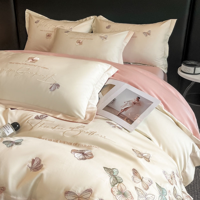 91家纺网 家纺一手货源 找家纺 欧乐蒂 2025新款A类亲肤棉刺绣四件套-蝶舞 蝶舞-白桃