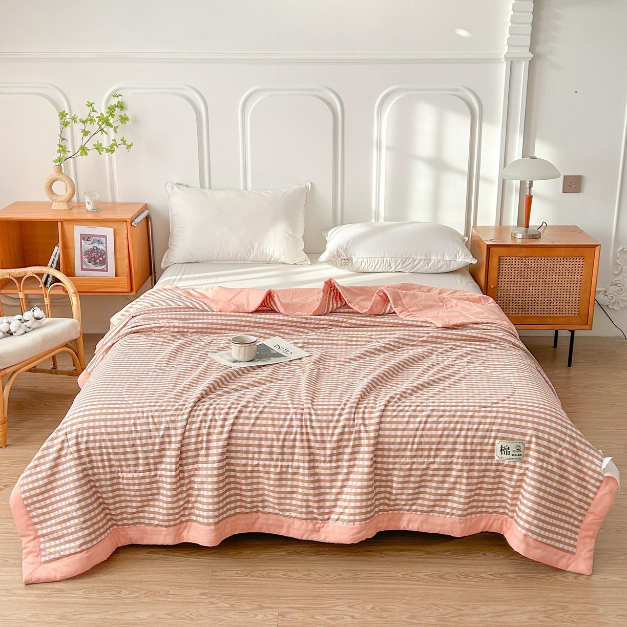 91家纺网 家纺一手货源 找家纺 佰丝居 2025新款A类水洗棉夏被100%新疆棉花被空调被夏凉被 粉小格