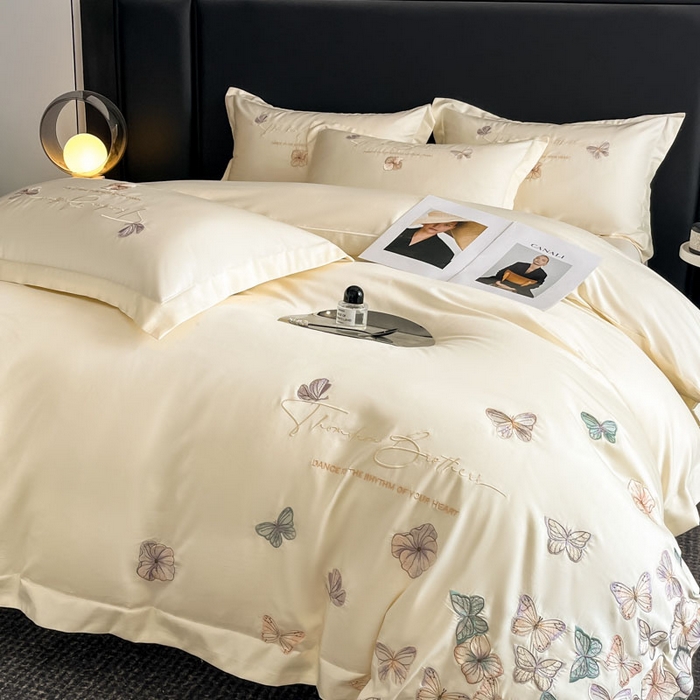 91家纺网 家纺一手货源 找家纺 欧乐蒂 2025新款A类亲肤棉刺绣四件套-蝶舞 蝶舞-柔白