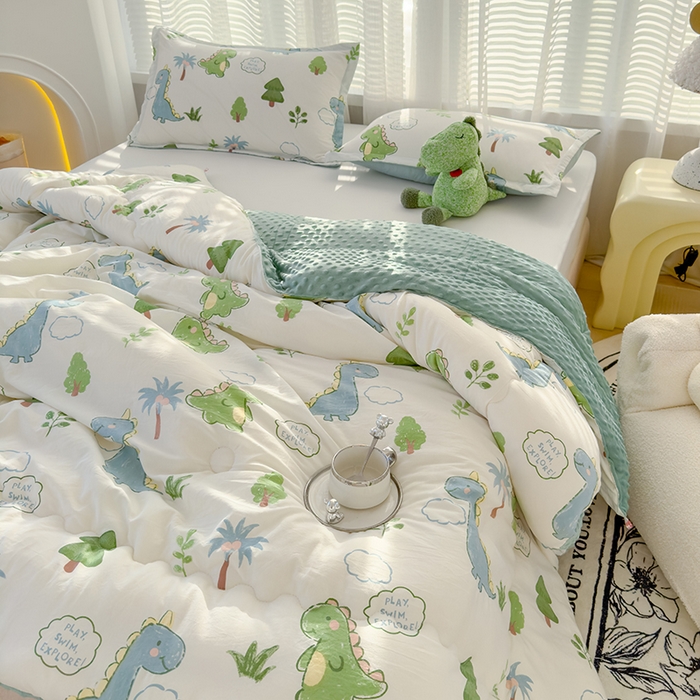 91家纺网 家纺一手货源 找家纺 佰丝居 2025新款A类水洗棉双层纱豆豆被100%新疆棉花被夏被 恐龙星球