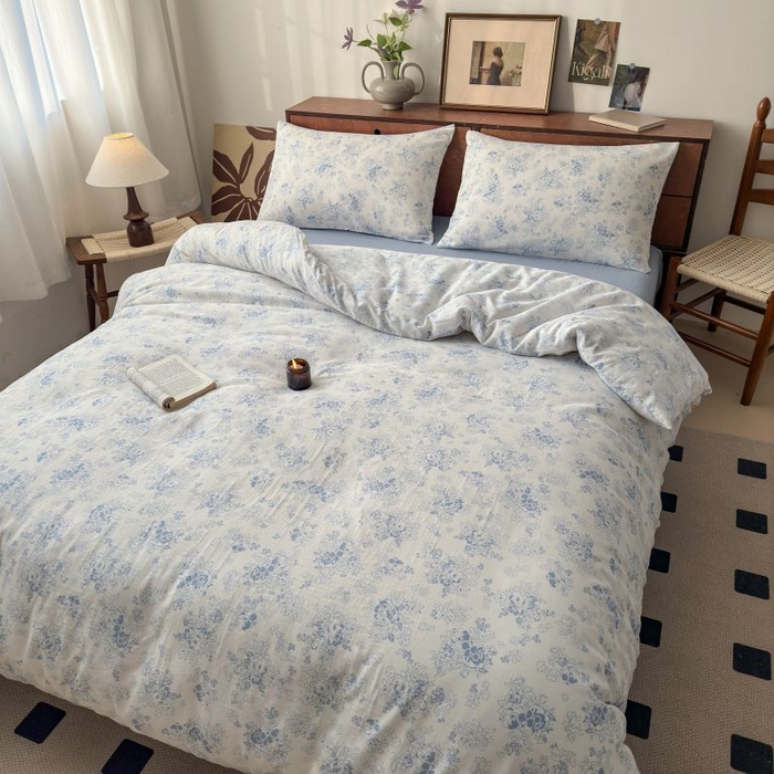 91家纺网 家纺一手货源 找家纺 典曼家纺 2025新款双层纱小清新印花四件套-床拍 浮绘花影