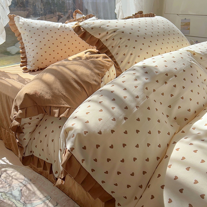 91家纺网 家纺一手货源 找家纺 欧尚 2025新款针织棉双层纱四件套 咖爱心