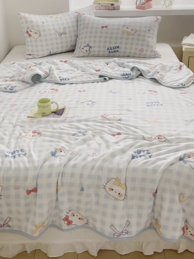 91家纺网 家纺一手货源 找家纺 桃子家居  2025新款A类高品质牛奶针织棉软糯大豆夏被 针织棉-蓝格猫咪