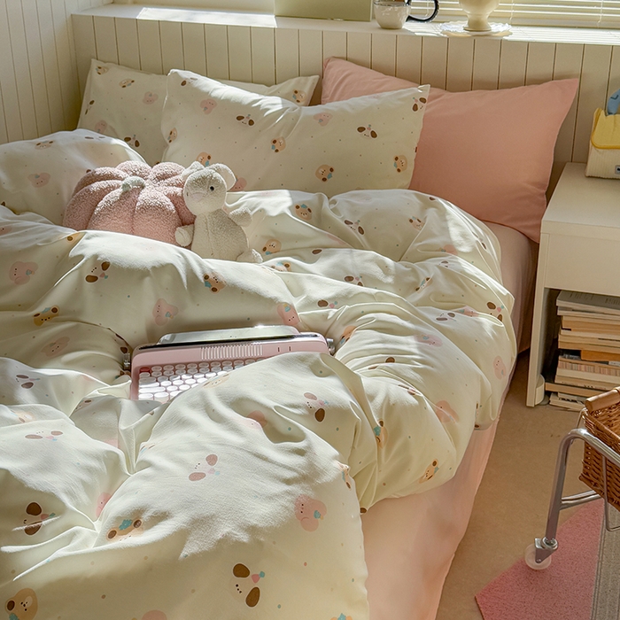 91家纺网 家纺一手货源 找家纺 繁花家居 2025新款软乎乎时尚印花水洗棉四件套 动物大头贴