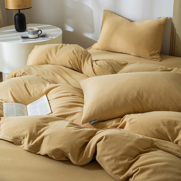 91家纺网 家纺一手货源 找家纺 梦可莱家居 2025春夏新品全棉针织棉纯色系列 小麦黄