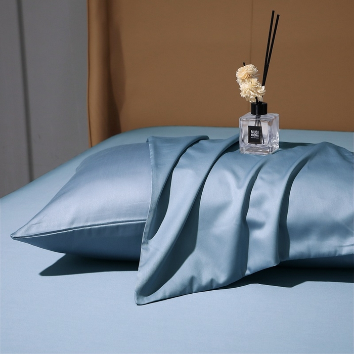 91家纺网 家纺一手货源 找家纺 晶缦家纺 2025新款全棉纯棉50支双股贡缎长绒棉纯色单品枕套 绮芸-天青蓝 