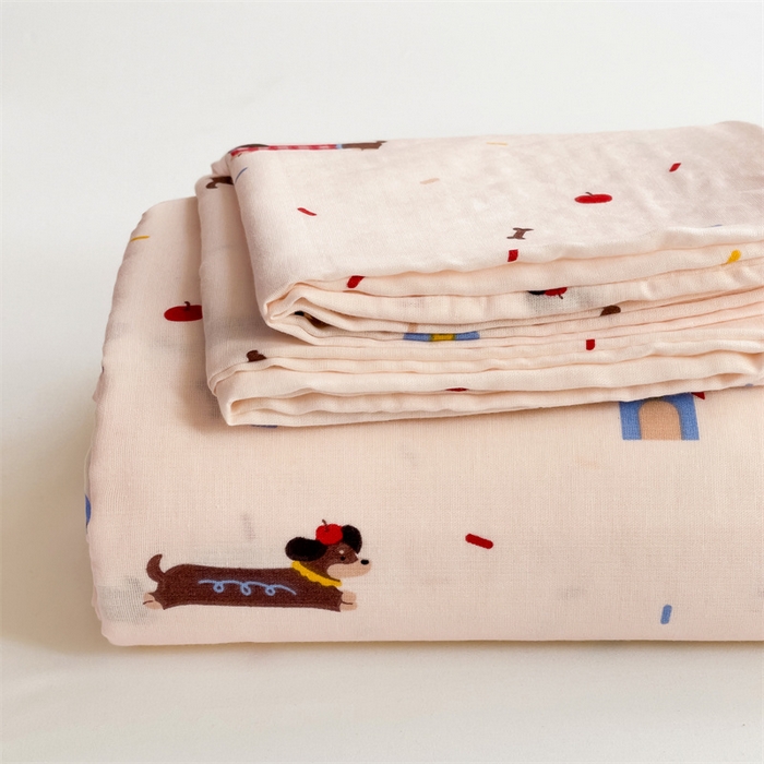 91家纺网 家纺一手货源 找家纺 名兮家居 2025新款全棉双层纱床笠 双层纱-辣条狗