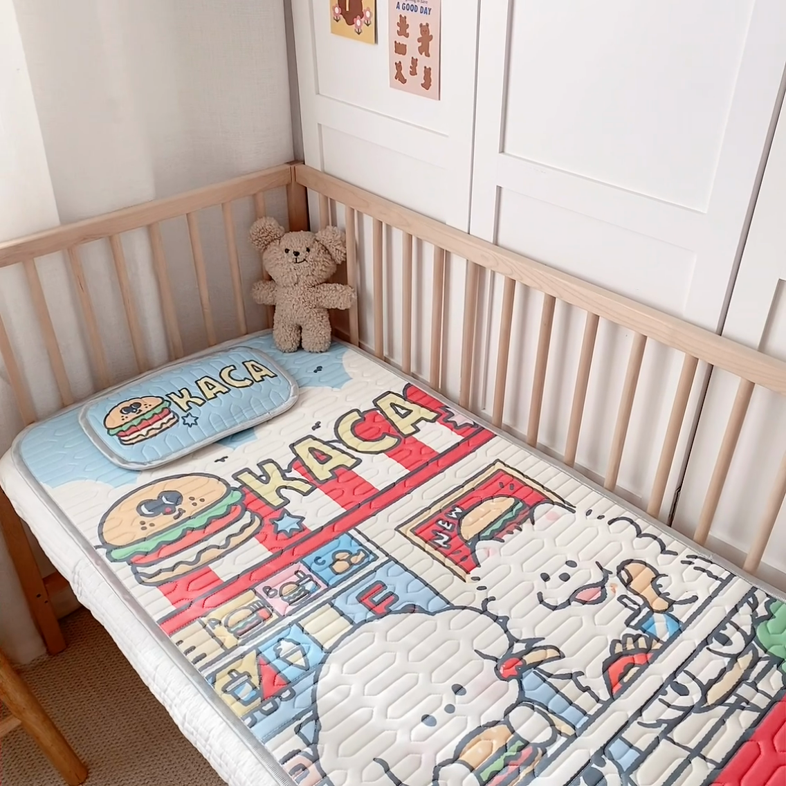 91家纺网 家纺一手货源 找家纺 美乐迪家纺 2025新款儿童乳胶凉席 汉堡伙伴