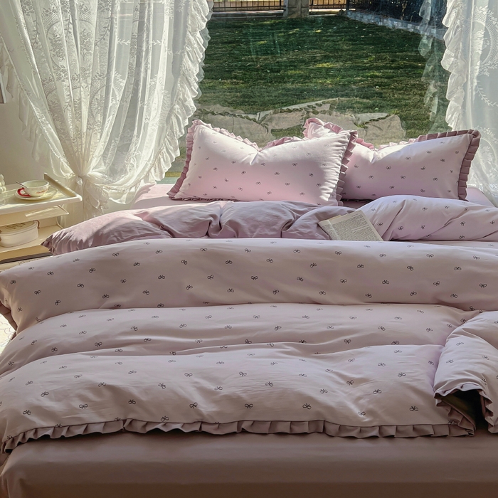 91家纺网 家纺一手货源 找家纺 欧尚 2025新款针织棉双层纱四件套 洁美紫