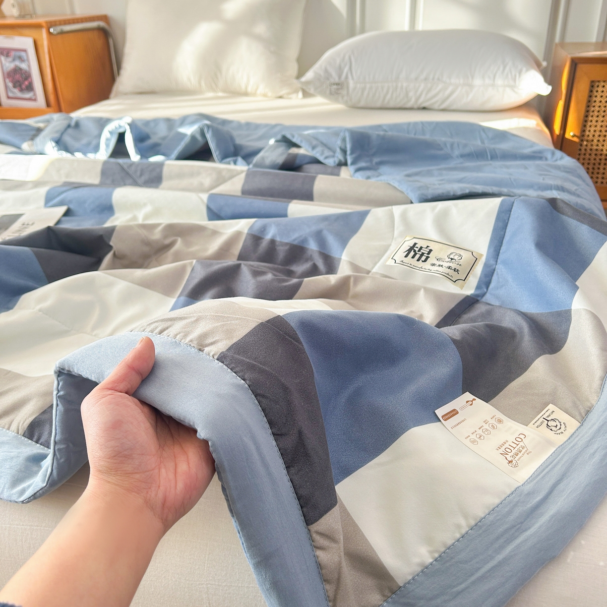 91家纺网 家纺一手货源 找家纺 佰丝居 2025新款A类水洗棉夏被100%新疆棉花被空调被夏凉被 蓝大格