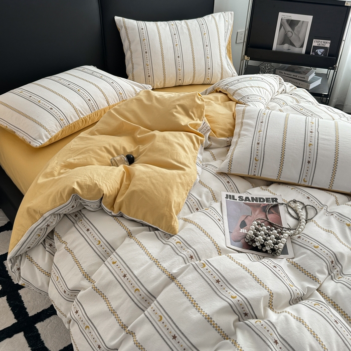 91家纺网 家纺一手货源 找家纺 简宜家居（朝初家纺） 2025新款40支全棉提花四件套（简川-星辰系列） 星辰-暖黄