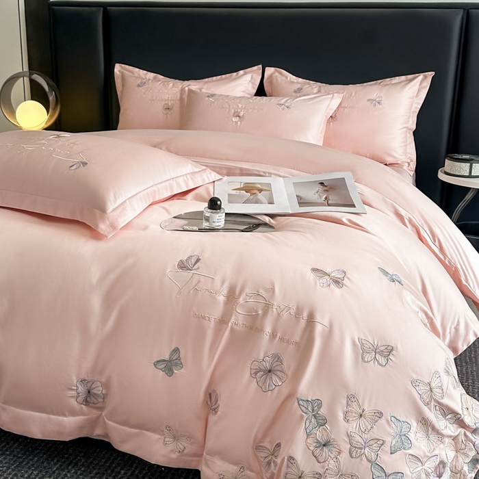 91家纺网 家纺一手货源 找家纺 欧乐蒂 2025新款A类亲肤棉刺绣四件套-蝶舞 蝶舞-颜粉