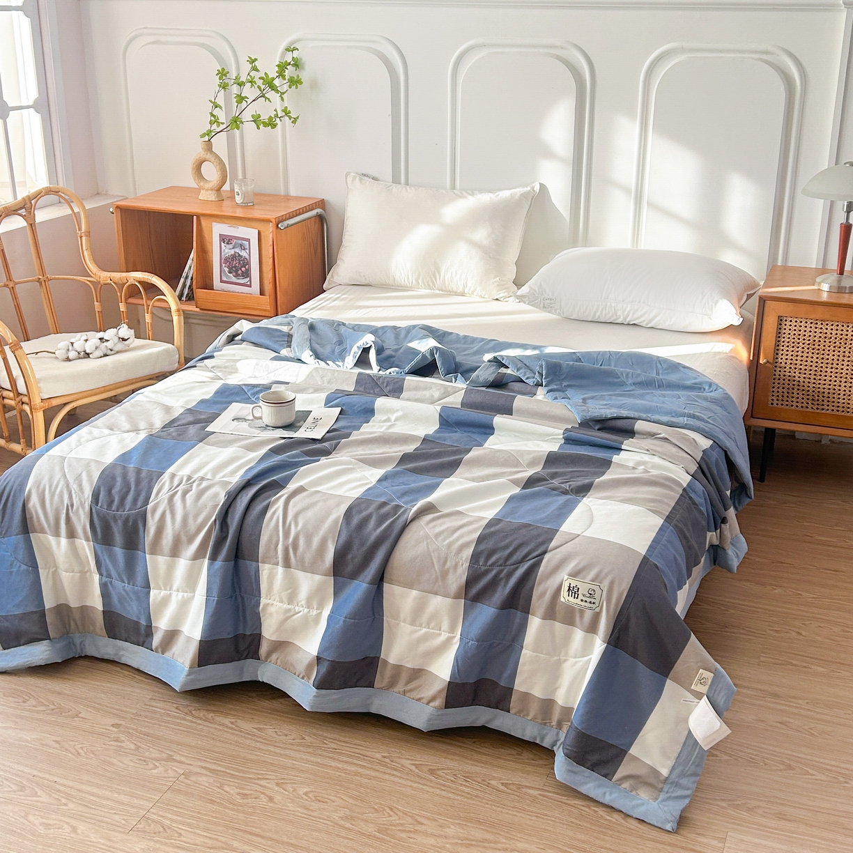 91家纺网 家纺一手货源 找家纺 佰丝居 2025新款A类水洗棉夏被100%新疆棉花被空调被夏凉被 蓝大格