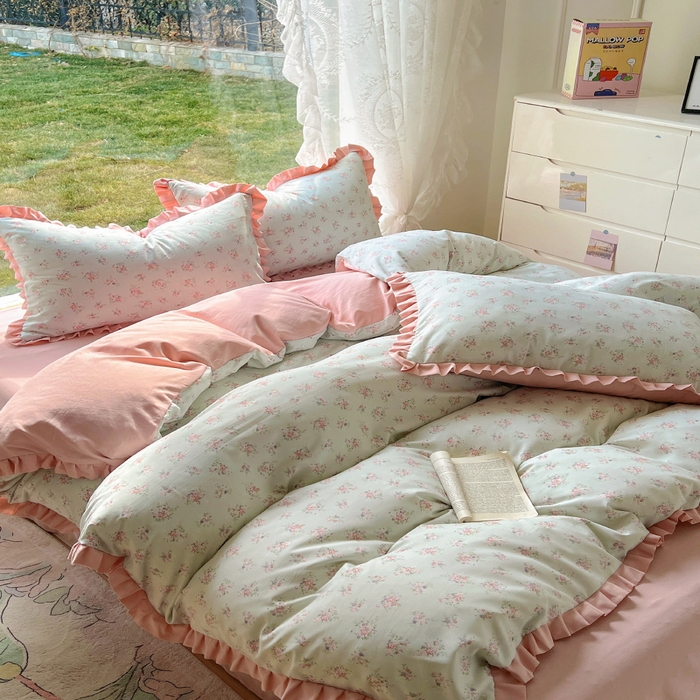 91家纺网 家纺一手货源 找家纺 欧尚 2025新款针织棉双层纱四件套 浪漫花开