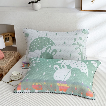 91家纺网 家纺一手货源 找家纺 朴尔家纺-毛巾被 2025新款蜂窝透气提花锁边立体枕巾 雨中兔-绿