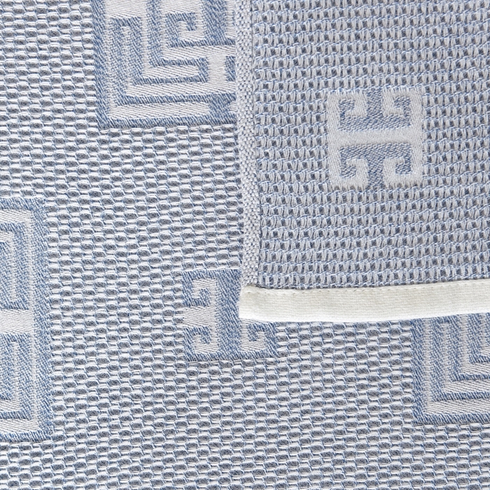 91家纺网 家纺一手货源 找家纺 朴尔家纺-毛巾被 2025新款全棉纱布蜂窝结构系列枕巾 魔方印-浅蓝