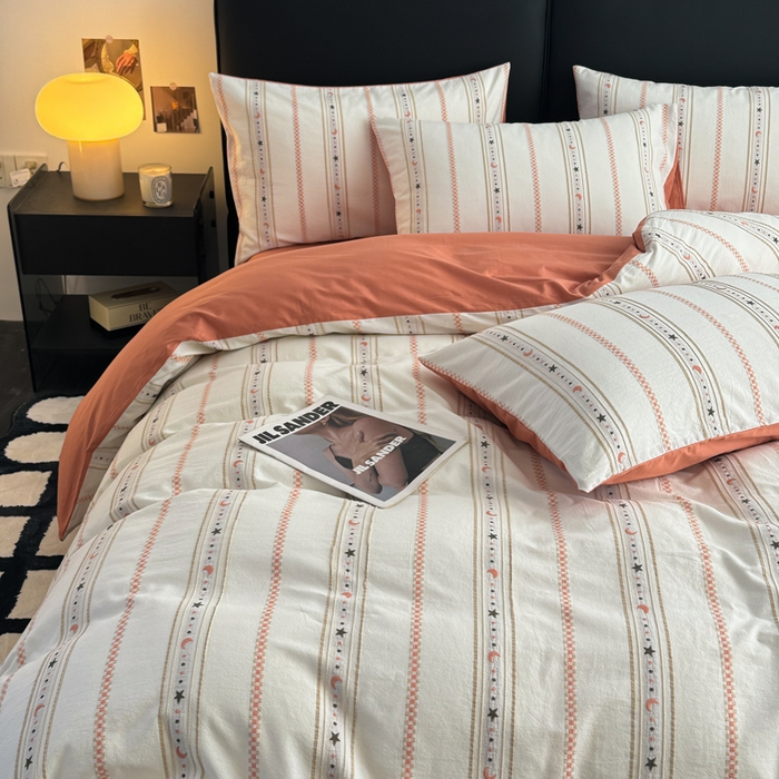 91家纺网 家纺一手货源 找家纺 简宜家居（朝初家纺） 2025新款40支全棉提花四件套（简川-星辰系列） 星辰-橘红