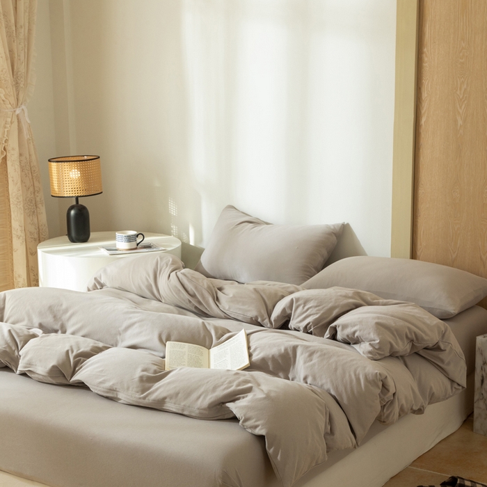 91家纺网 家纺一手货源 找家纺 梦可莱家居 2025春夏新品全棉针织棉纯色系列 米灰