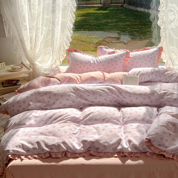 91家纺网 家纺一手货源 找家纺 欧尚 2025新款针织棉双层纱四件套 蔷薇