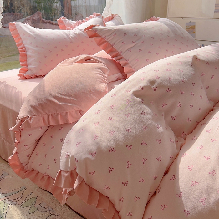 91家纺网 家纺一手货源 找家纺 欧尚 2025新款针织棉双层纱四件套 洁美粉